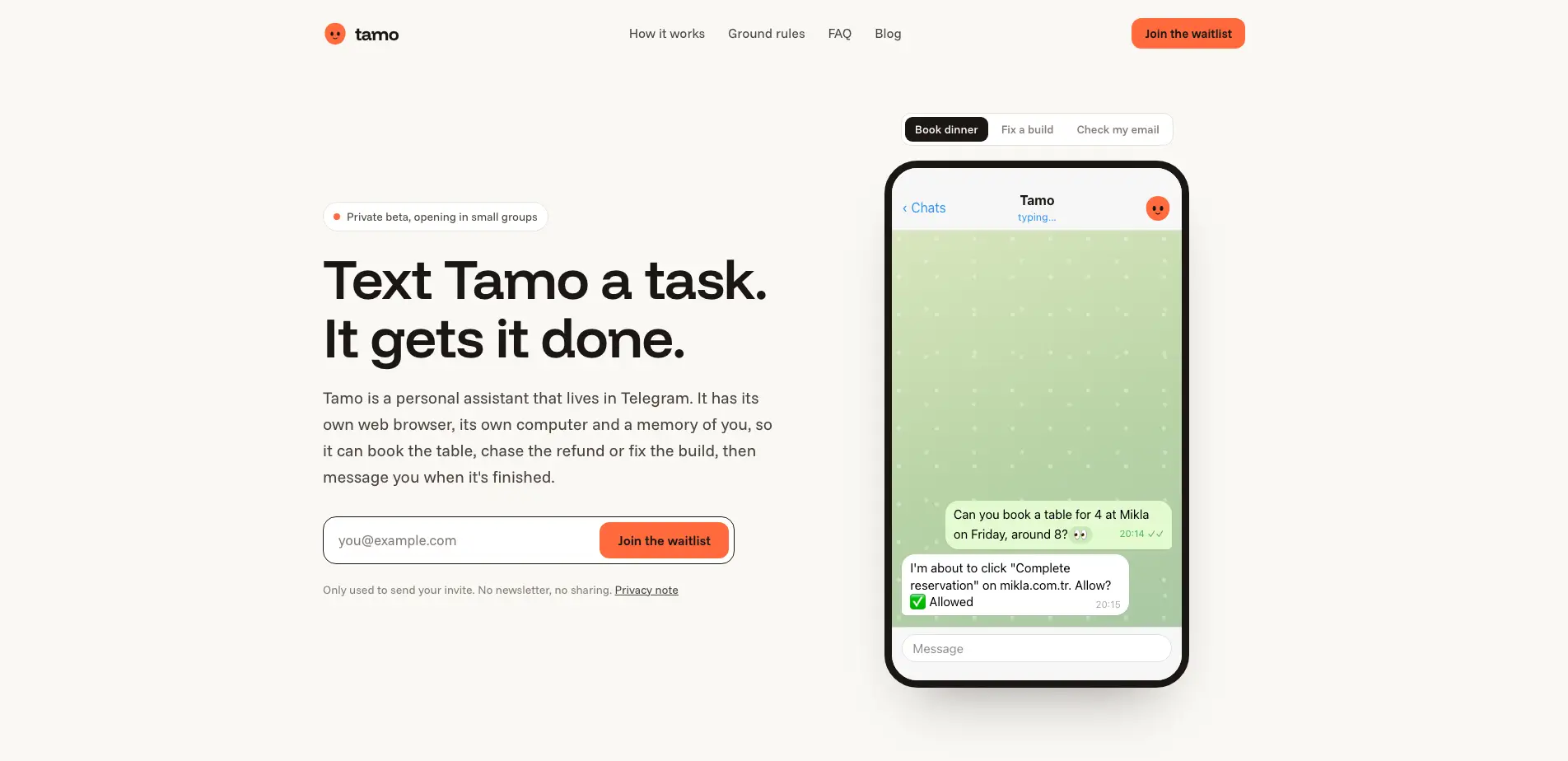 Tamo website: a Telegram chat where Tamo asks for permission before completing a restaurant reservation, and the user allows it