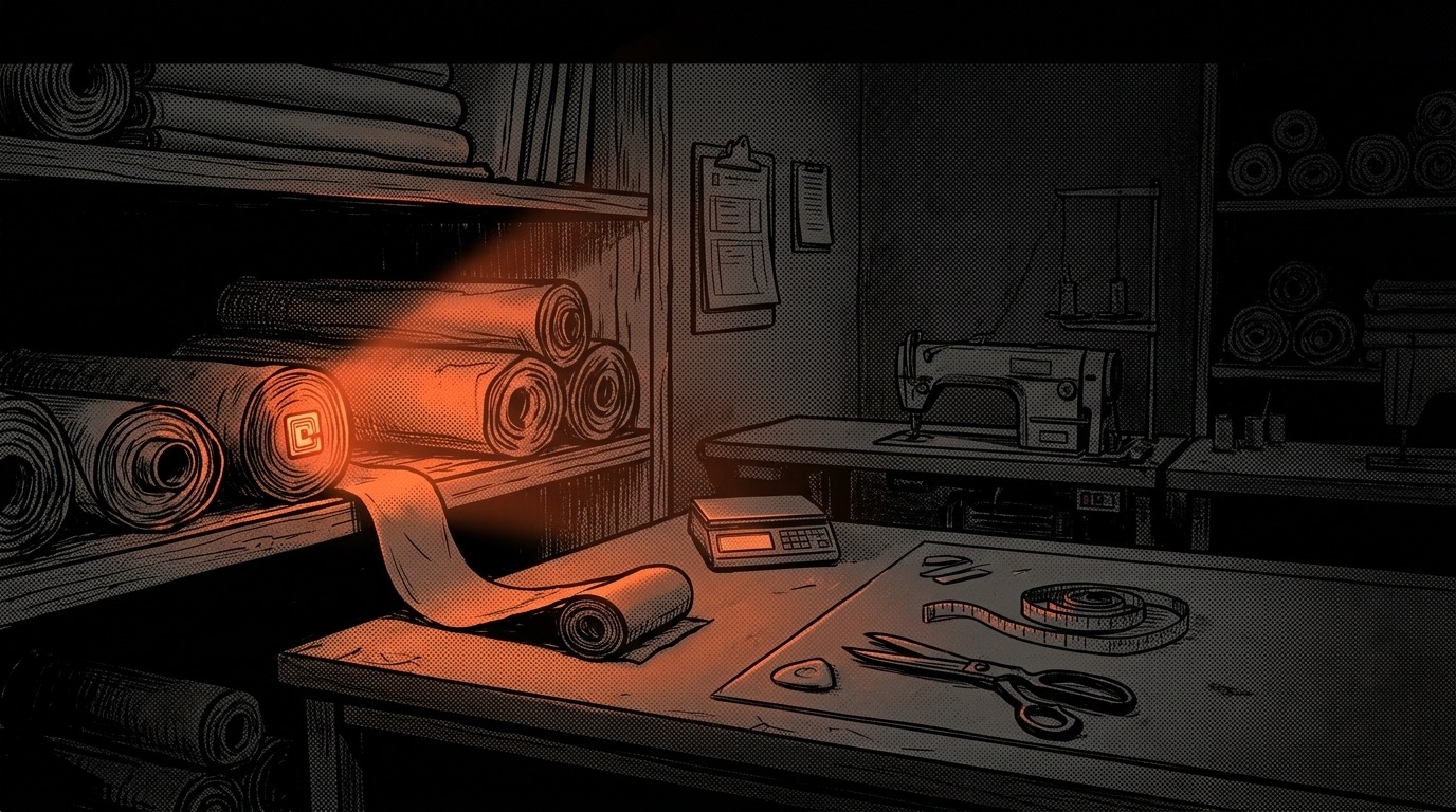 A dark clothing workshop at night, one fabric roll on the shelf glowing orange from its RFID label, with a scale, scissors and measuring tape on the cutting table