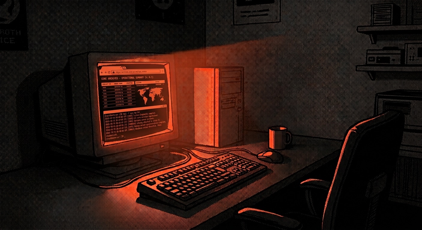 A glowing CRT monitor and computer tower on a desk in a dark room