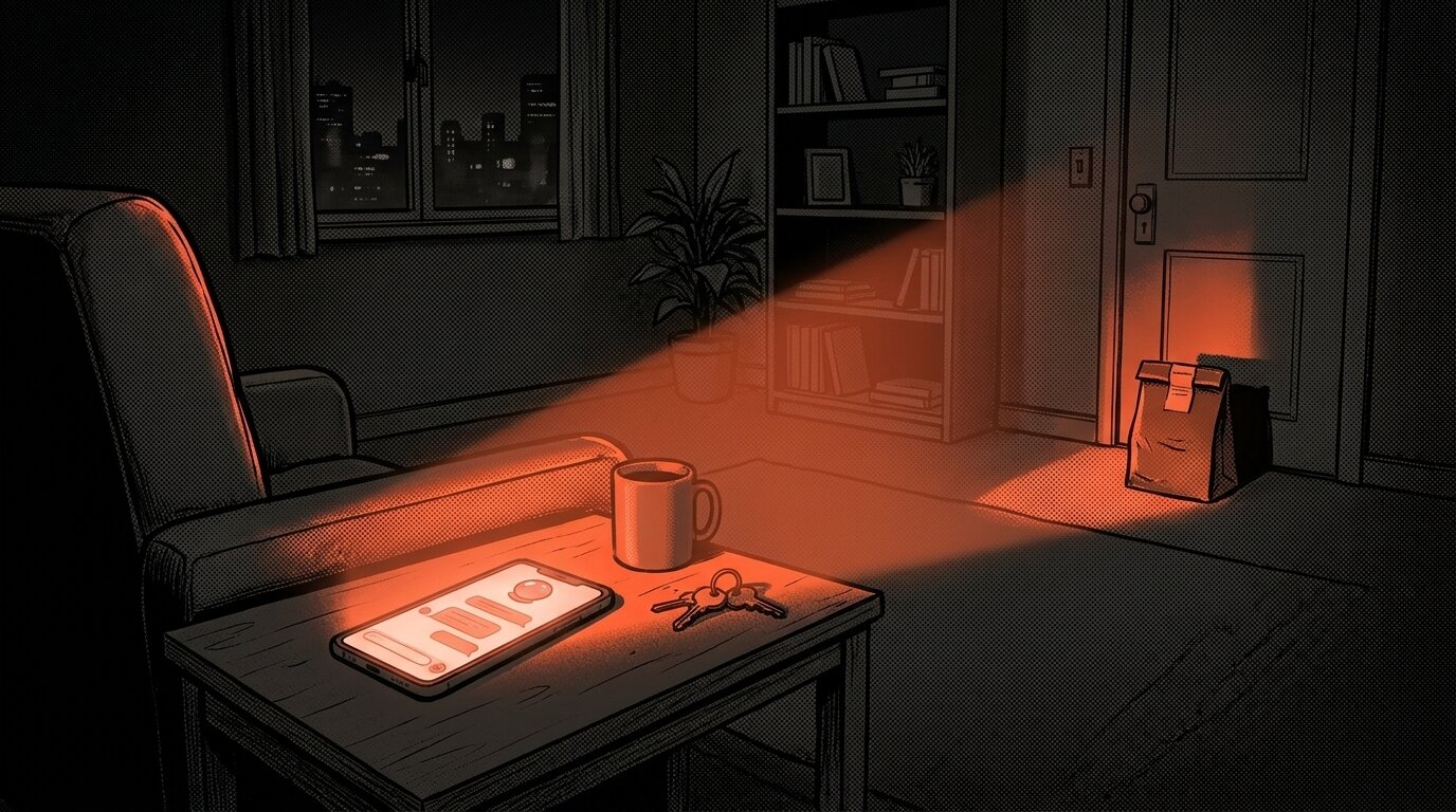A dark living room at night with a glowing phone on a side table, a beam of orange light leading to a delivered food bag by the door