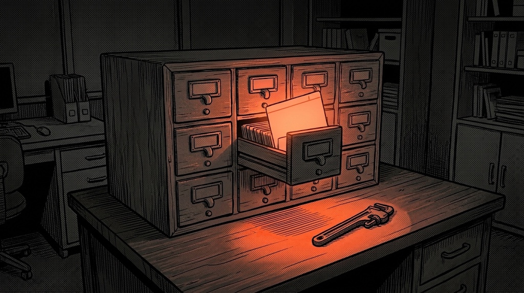 A wooden card-catalog cabinet on a desk at night, one drawer open with a single glowing index card beside a pipe wrench