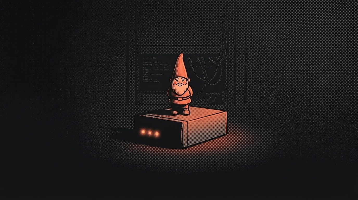 A small glowing garden gnome standing on a server box with three lit LEDs, in front of a dim terminal screen