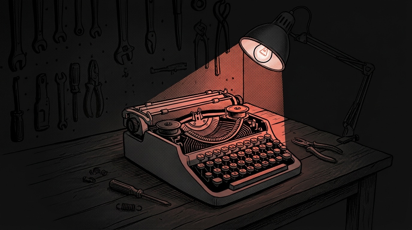 A typewriter under a glowing desk lamp on a workbench, surrounded by tools